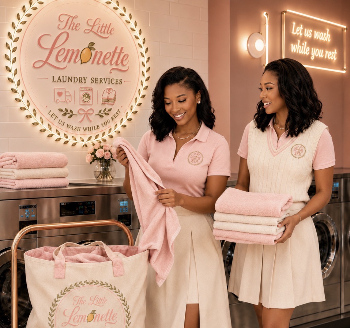 The Little Lemonette team folding pink and cream towels beneath the shop logo