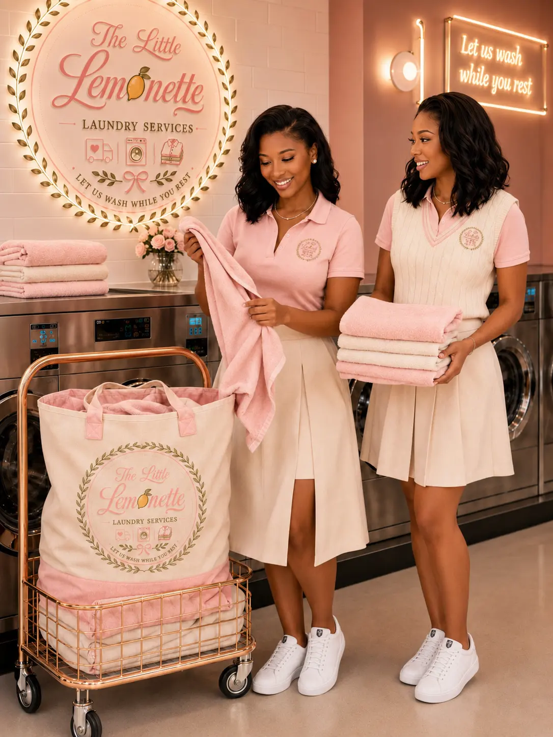 The Little Lemonette team folding pink and cream towels in the shop